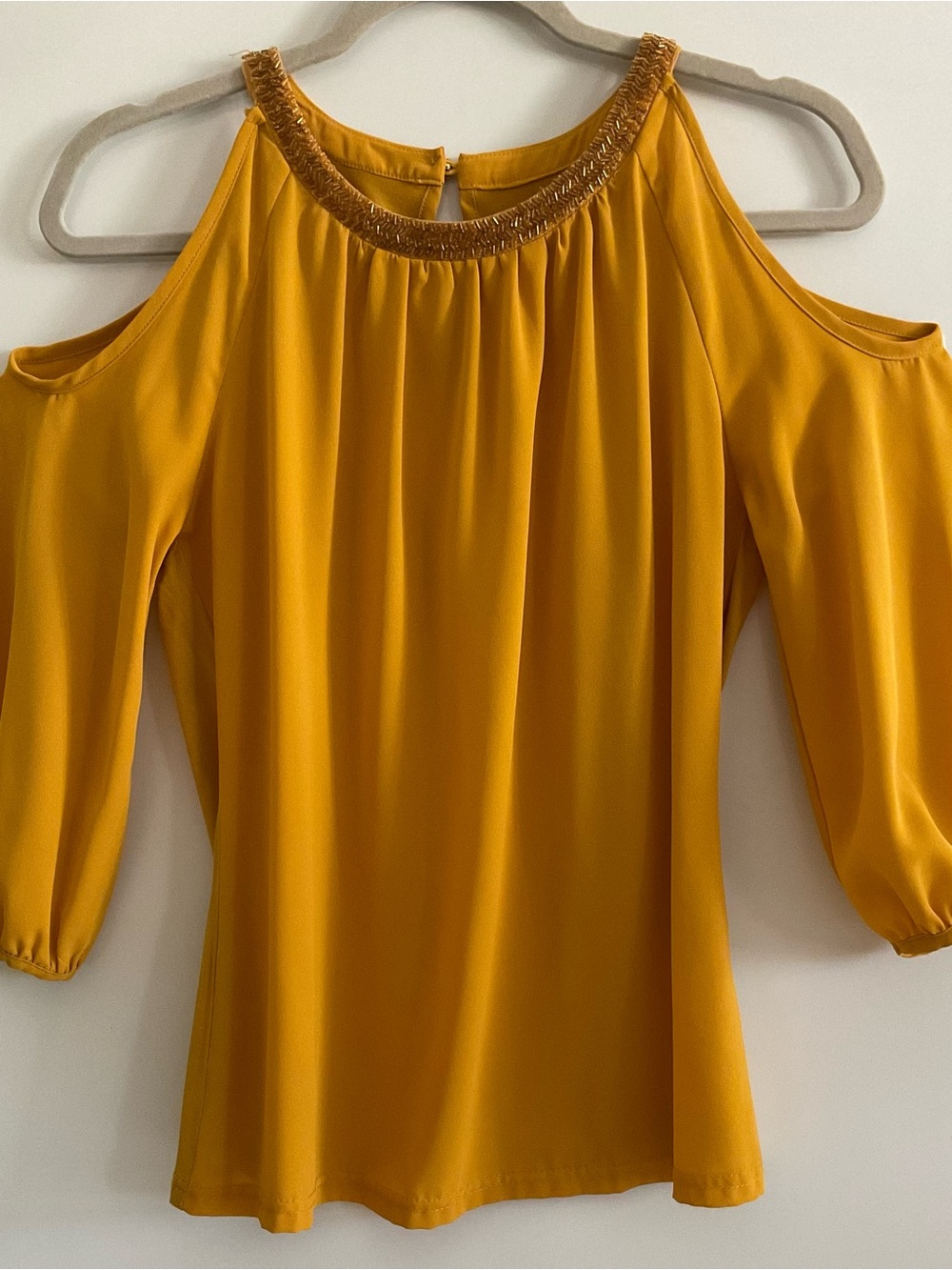 Women’s Cold-Shoulder Blouse with Embellished Neckline - Mustard Yellow